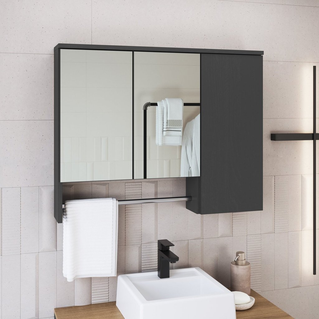 Armário Espelheira para Banheiro Olívia com 3 Portas e Toalheiro Mel/Grafite