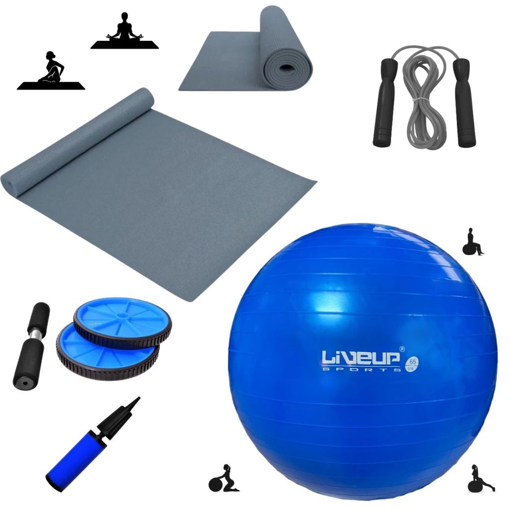 Kit Bola Suiça 65 Cm + Corda de Pular + Colchonete Eva Cinza + Roda Abdominal + Mini Bomba