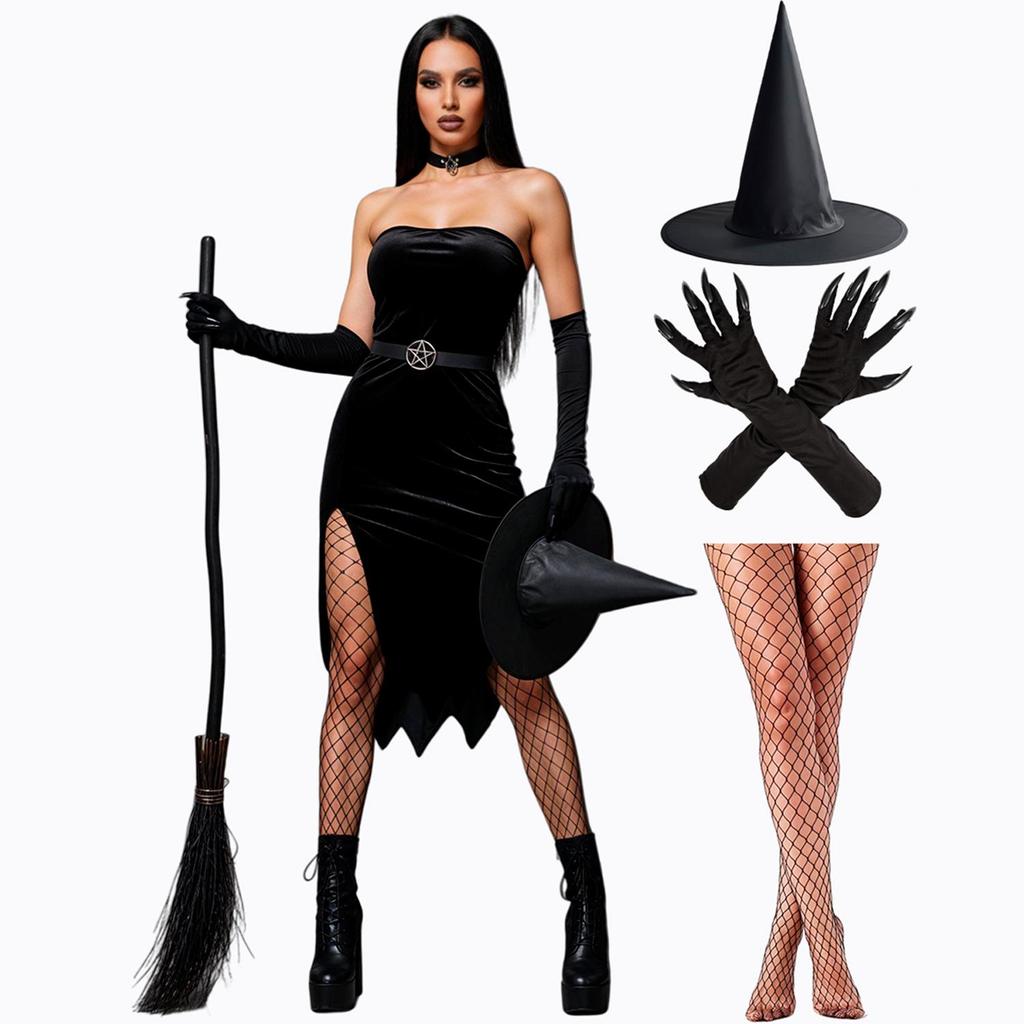 Kit Fantasia Bruxa Adulta Feminina de Halloween Barata Chapéu Preto Luva com Garra e Meia Calça Arrastão