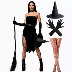 Kit Fantasia Bruxa Adulta Feminina de Halloween Barata Chapéu Preto Luva com Garra e Meia Calça Arrastão