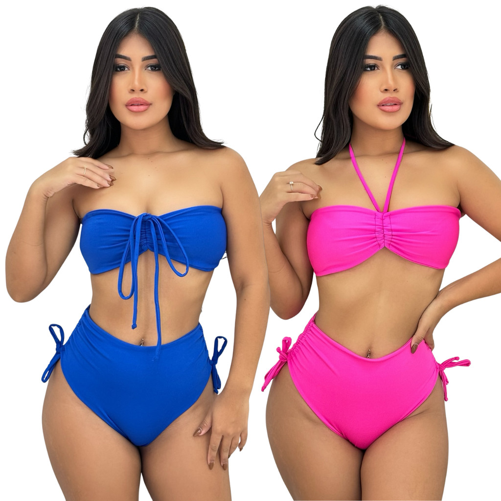 Kit 2 Conjuntos Biquíni Cintura Alta Drapeado Top Ajustável Com Bojo Biquini Feminino Hot Pant