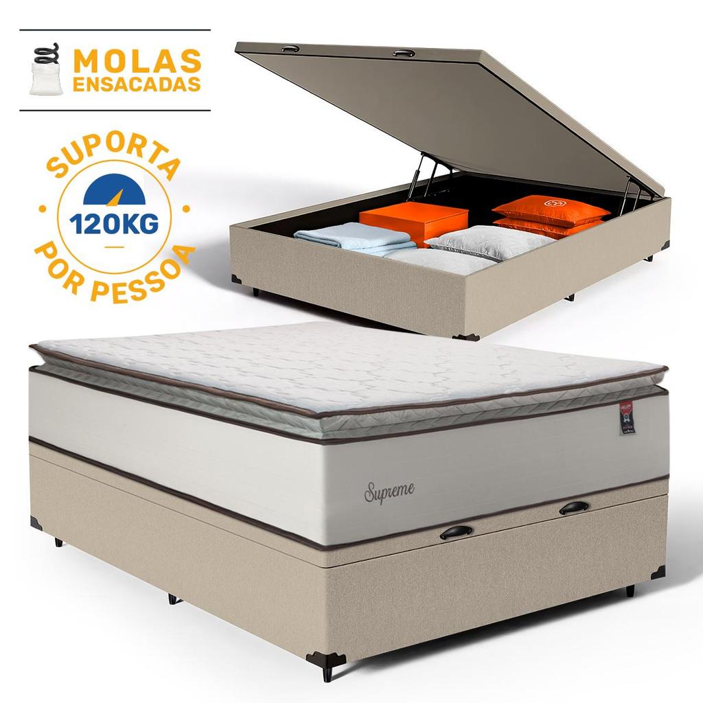 Cama Box Baú com Colchão de Molas Ensacadas Pillow Top Supreme Lux Casal 138cm em Oferta na Shopee