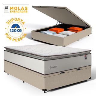 Cama Box Baú com Colchão de Molas Ensacadas Pillow Top Supreme Lux Casal 138cm em Oferta na Shopee