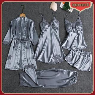 [EL] Robe De Seda Terno De Dormir Feminino Renda Cetim Pijamas Conjunto Com Decote Em V Roupa Primavera Camisola Nova