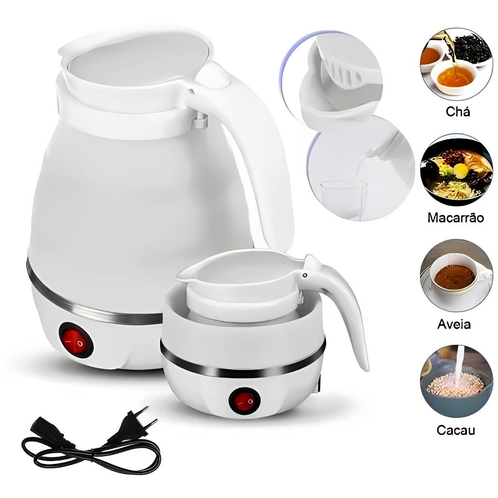Chaleira Eletrica Retrátil de Silicone 600ml Esquentar Café Chá Leite 110V / 220V