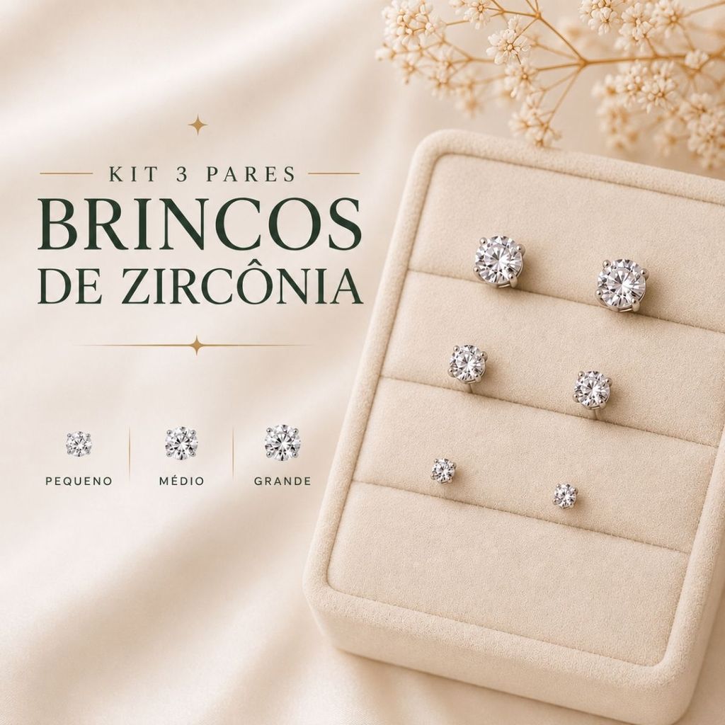 Kit 3 Pares Brincos Ponto de Luz Zircônia Feminino Masculino Unissex 3 Tamanhos