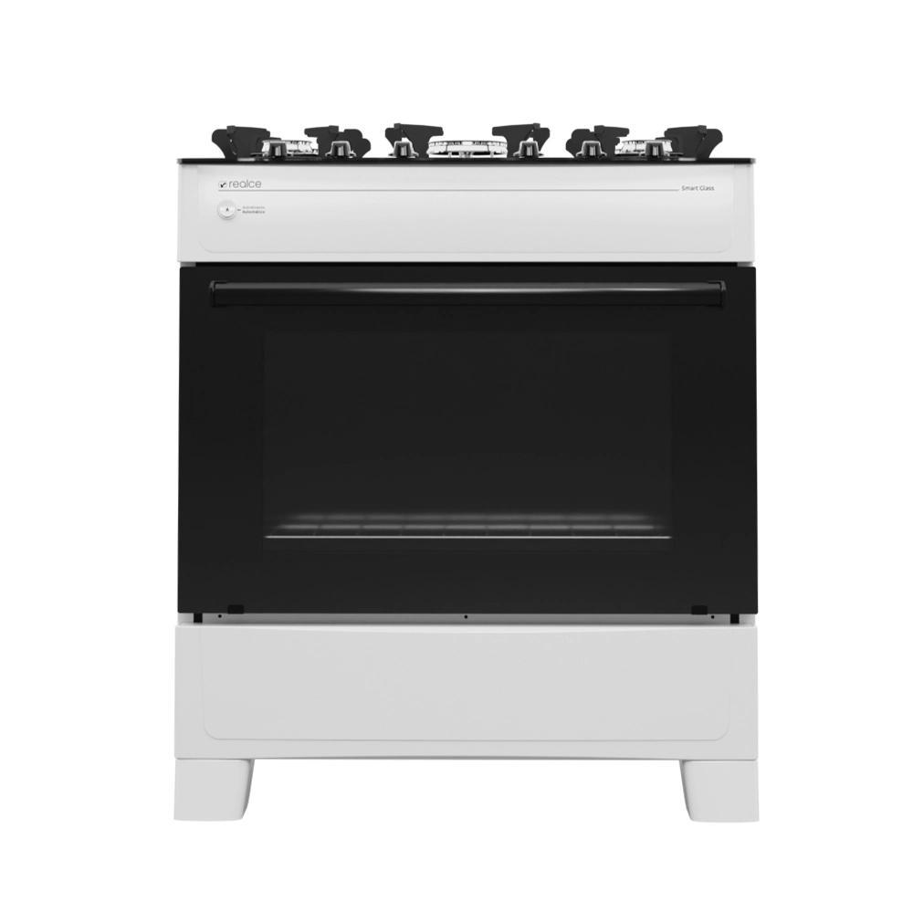 Fogão de Piso 5 Bocas Smart Glass Branco com Mesa de Vidro e Forno 94L - Realce