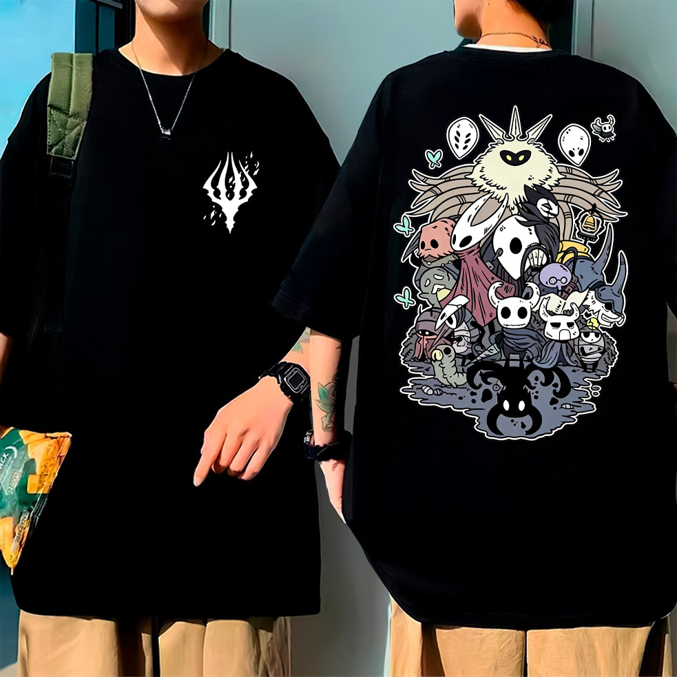 Camiseta Oversized Alta Qualidade Unisex Preta Estampa Dupla Hollow Knight Todos Personagens Coloridos