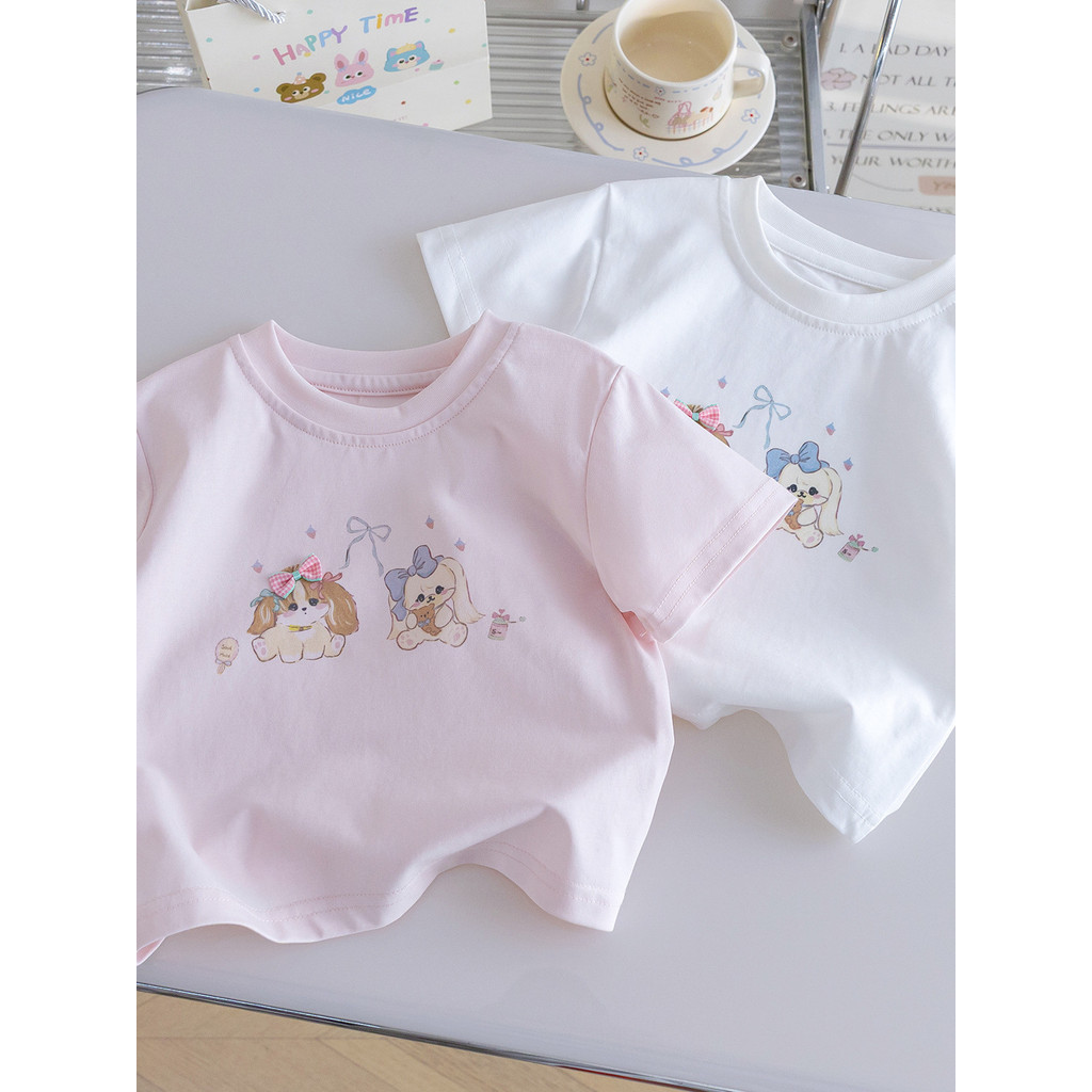 Feminino bebê Casual de manga curta novo estilo verão crianças dos desenhos animados filhote de cachorro impresso camise