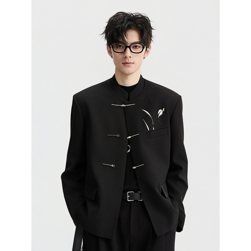 Estilo chinês bordado Design sentimento 26 primavera outono novo estilo chinês gola alta terno jaqueta masculina moda om