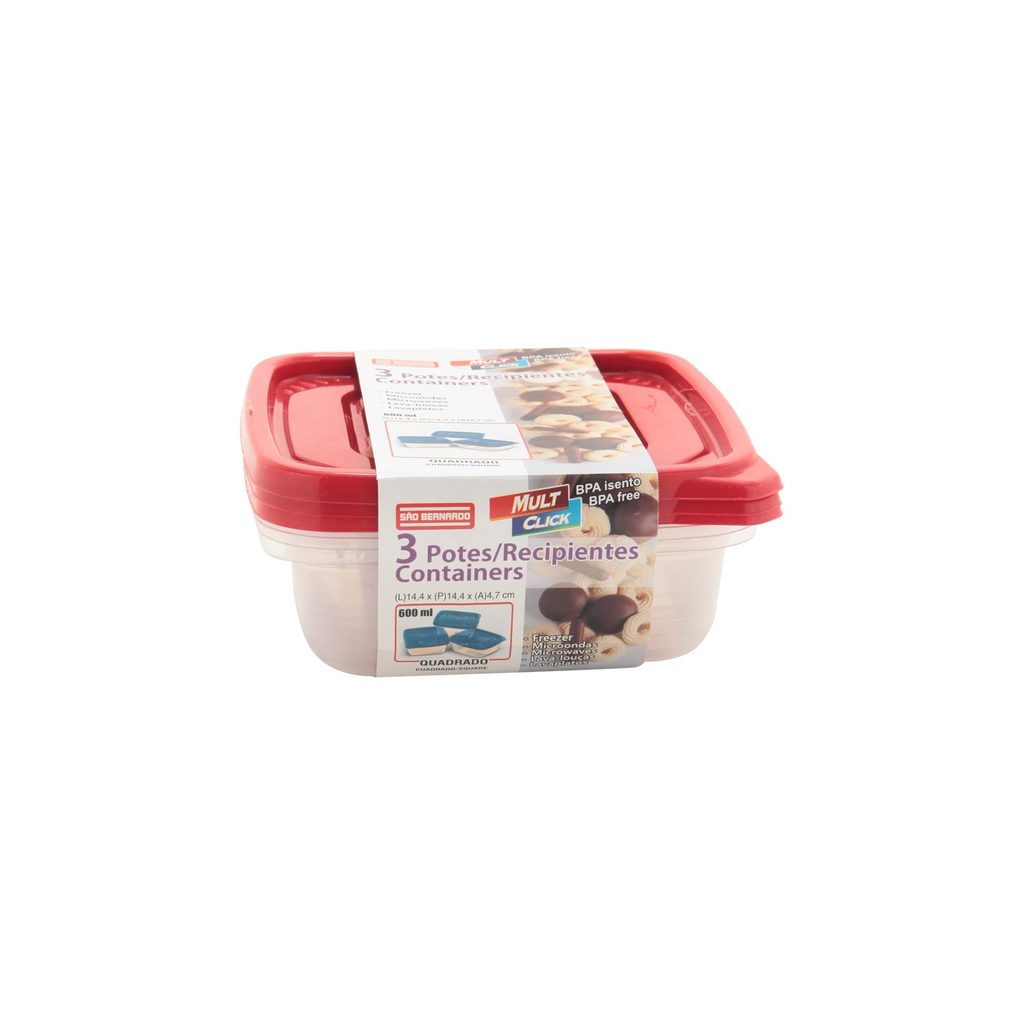 Conjunto de Potes São Bernardo Multiclick em Plástico Quadrado com Tampa Branca com 3 Peças 600ml