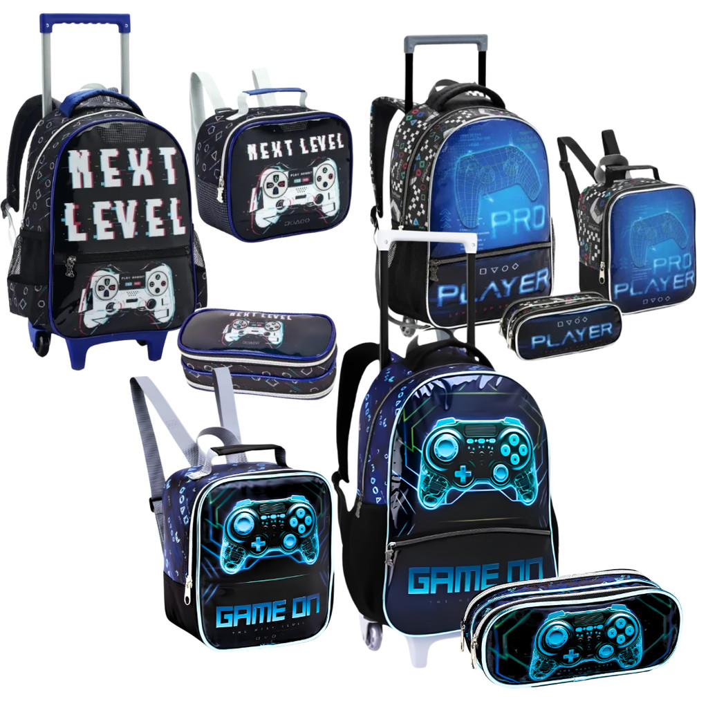 Kit Mochila Rodinhas Infantil Menino Next Level Gamer Com Lancheira E Estojo Grande Pro Player