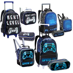 Kit Mochila Rodinhas Infantil Menino Next Level Gamer Com Lancheira E Estojo Grande Pro Player