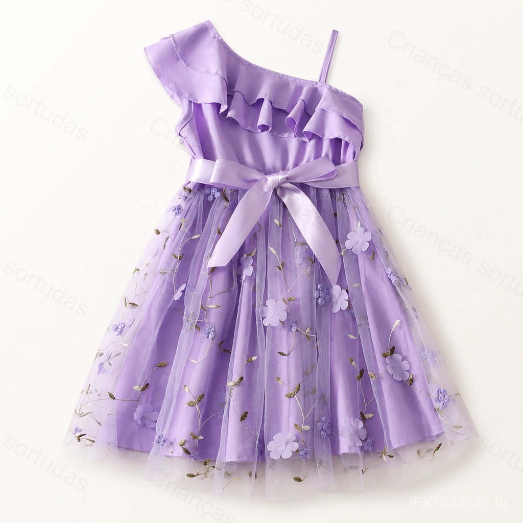 Vestido Infantil de Menina, Vestido de Princesa em Tule, Ombro Único, Babados, Bordado Floral 3D, Respirável, para Festa