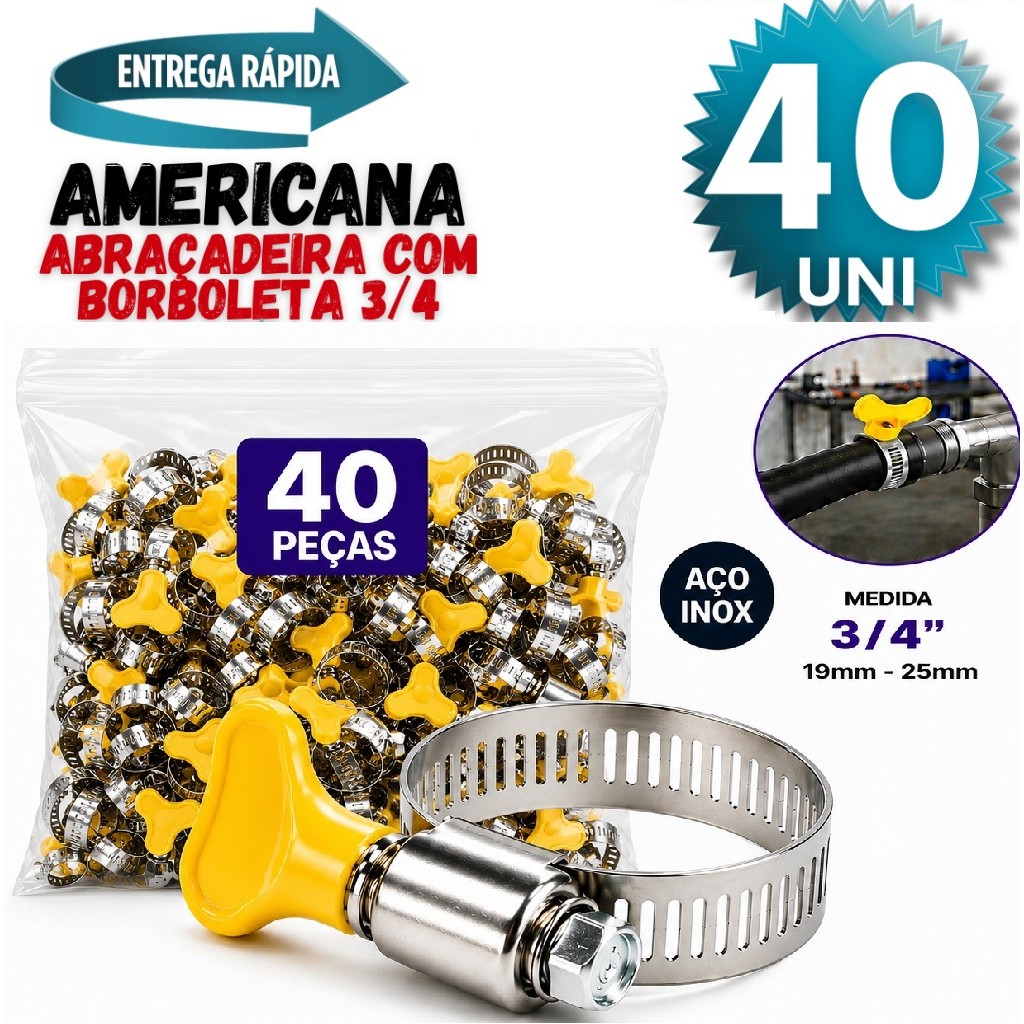 Kit Jogo  40 Peças Abraçadeira Americana Inox Vazado E com Parafuso com Borboleta 13-19mm Premium
