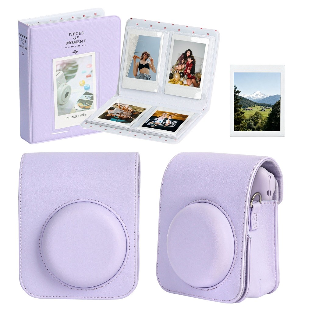 Kit 2 em 1 Bolsa Estojo Couro Instax Mini 12 Com Alça + Álbum De Fotos 54 Bolsos 3 Polegadas - Proteção e Organização