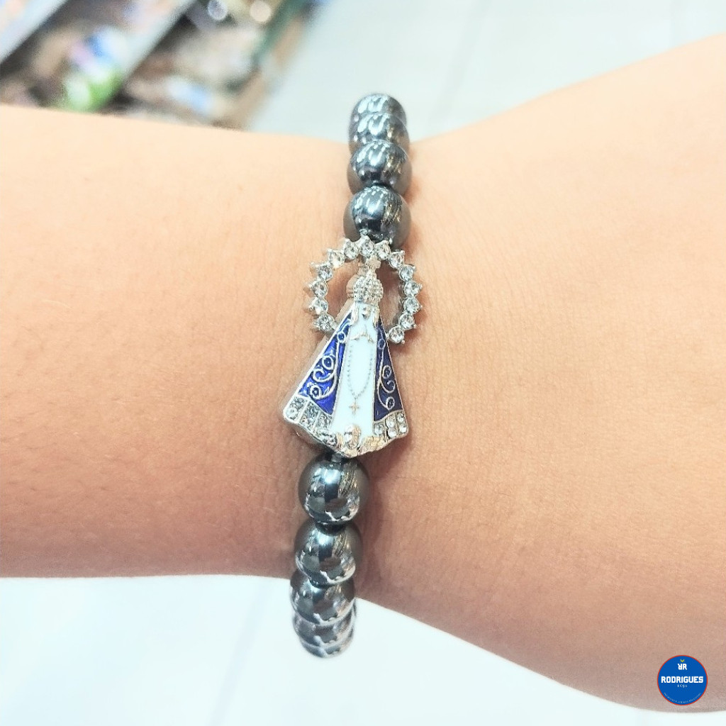 Pulseira Hematita Nossa Senhora Aparecida Medalha com Stras