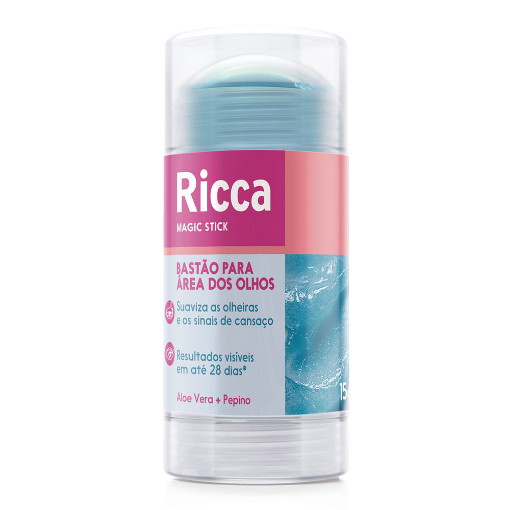 Embalagem em bastão do produto Ricca Magic Stick para área dos olhos com tampa transparente e rótulo rosa e azul