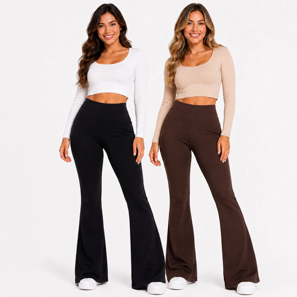Kit 2 Calças Flare Feminina Cintura Alta Sem Transparência Confortáve
