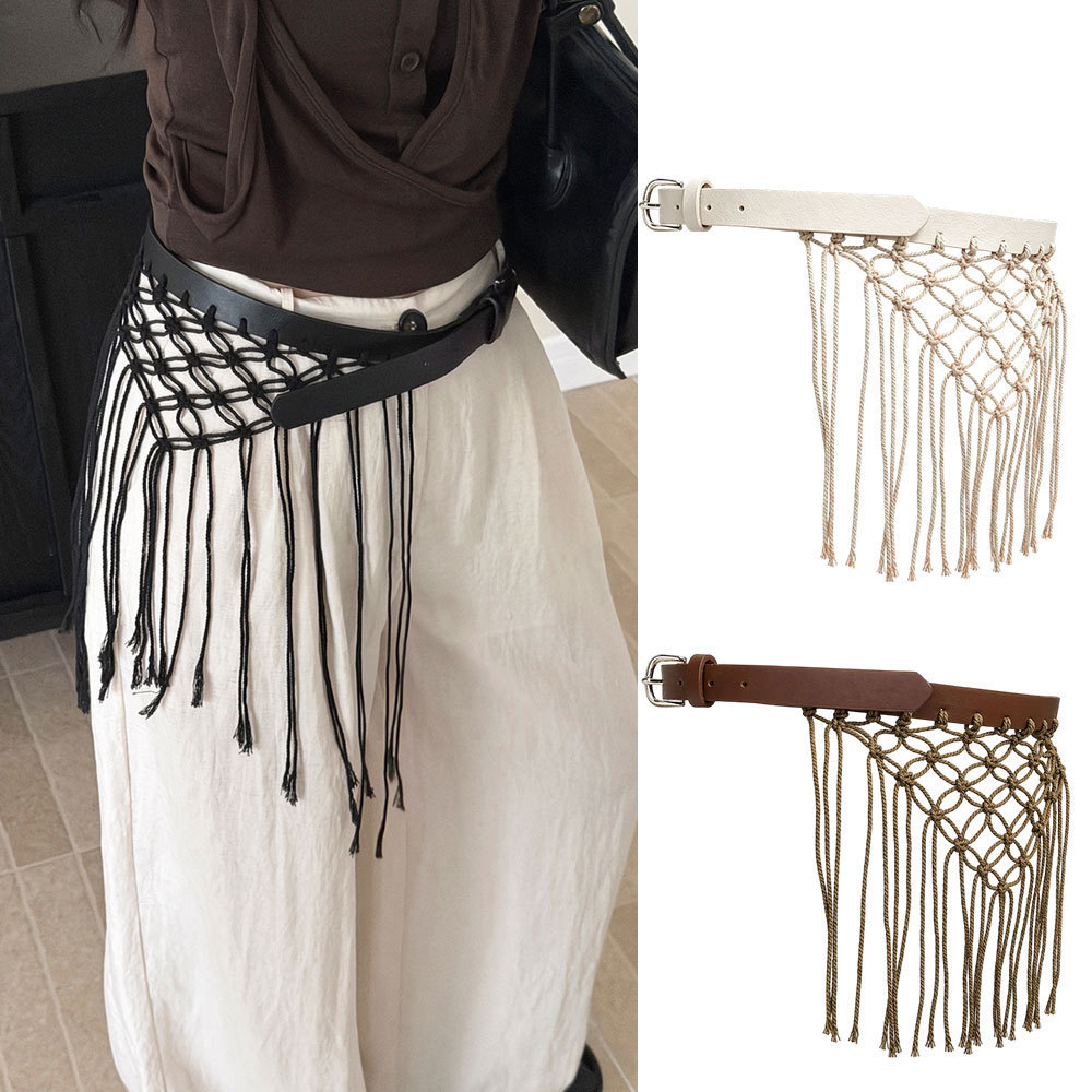 Cinto Trançado Estilo Étnico Boêmio Y2K com Decoração de Franjas, Acessório de Cintura em Malha com Fivela de Pino, Esti