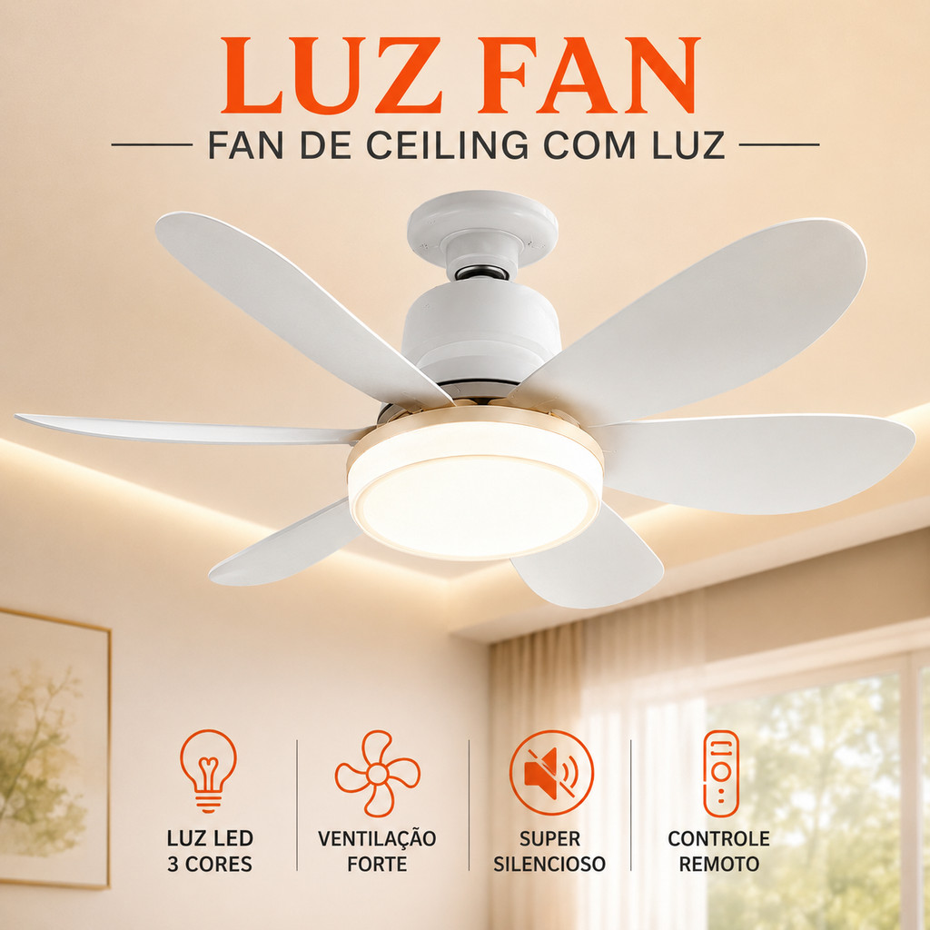 Ventilador de Teto com Luz 60W LED Lâmpada Controle Remoto E27 Luminária 6 Hélices Bivolt Pro
