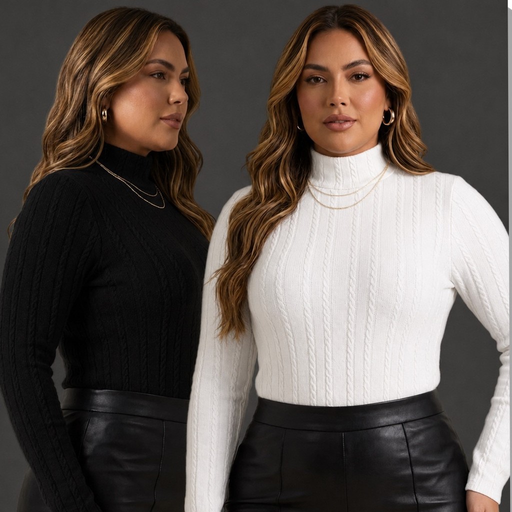 Cacharrel Plus Size Gola Alta Ribanna Premium Blusa Canelada Manga Comprida Segunda Pele Feminina Social