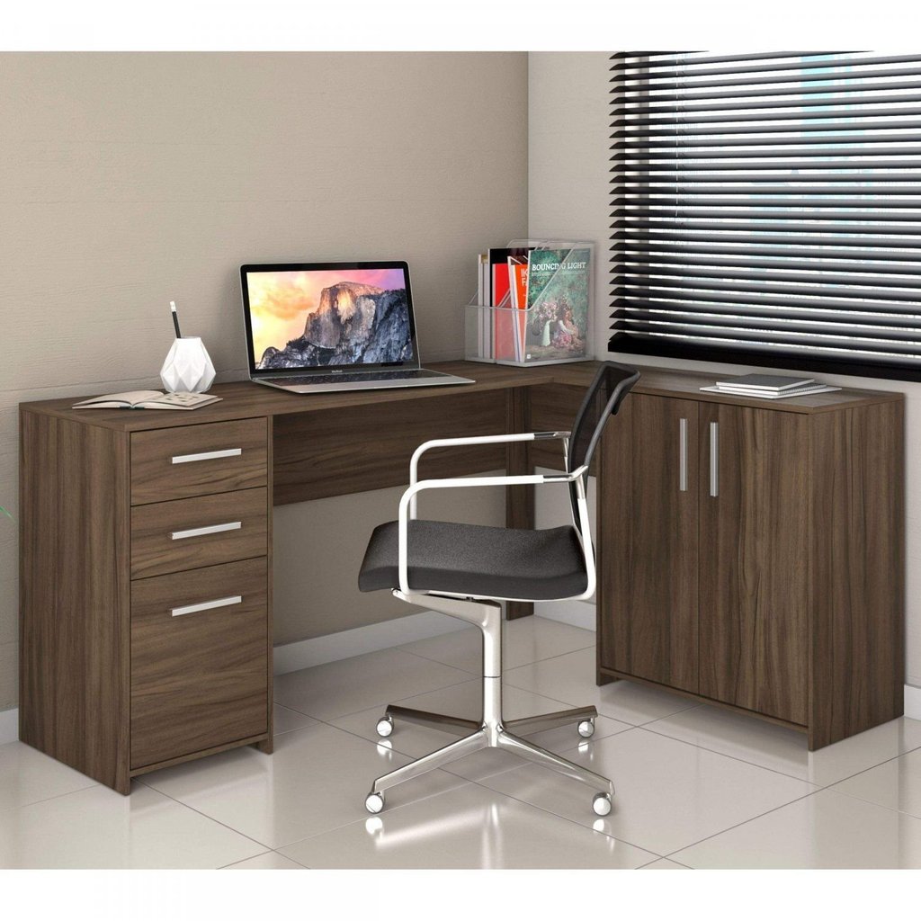 Escrivaninha Mesa Escritório em L Office Nt 2005 2 Gavetas 3 Portas 157cm Nogal