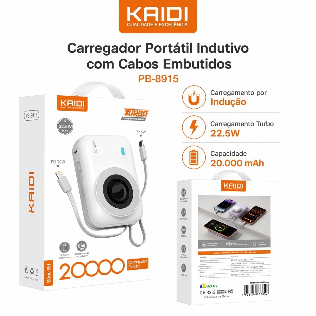 Power Bank 20000mAh Magnético Sem Fio 15W, PD 20W / 22.5W Turbo, Cabos Embutidos Tipo-C e Lightning kaidi PB-8915