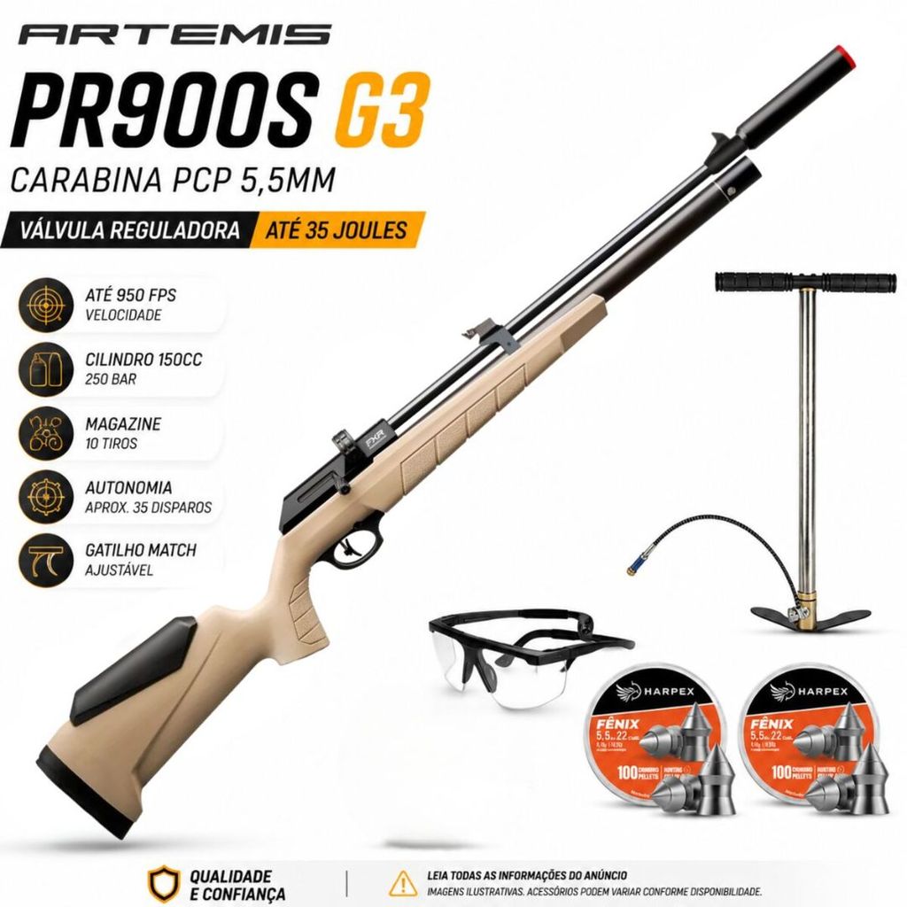 Carabina PCP Artemis PR900T G3 TAN 5,5mm 35J + Bomba PCP + Kit Proteção + 200 Chumbinhos