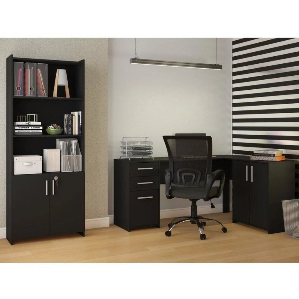 Conjunto 2 Peças com Mesa para Escritório em L e Armário Multiuso Alto Aberto Espresso Móveis Preto Tx Preto Tx