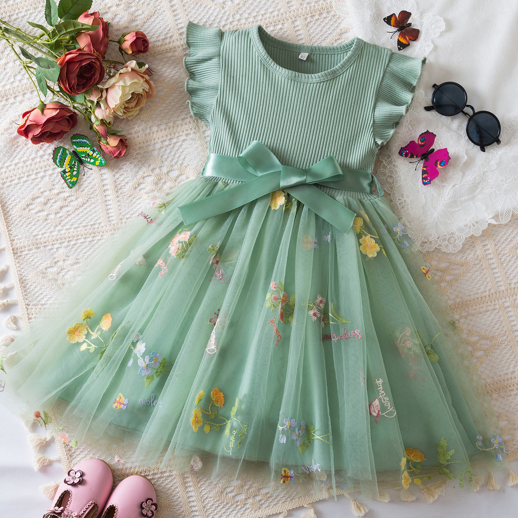 Vestido Casual de Chiffon para Menina, com Laço de Fita e Flores Bordadas em Tule, para Festa de 1º Aniversário de Verão
