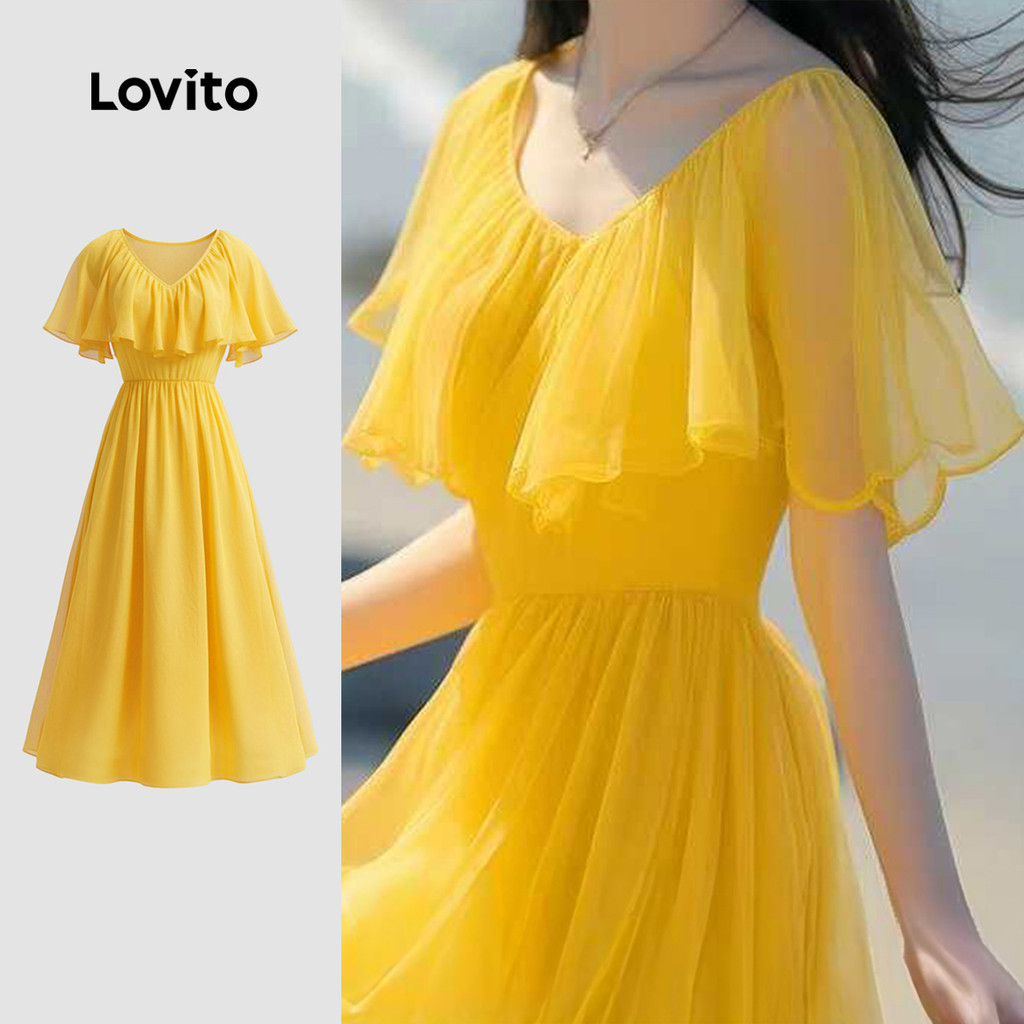 Lovito Férias Vestido Amarelo Com Babados E Drapeado Diário Viagens Primavera/verão Para Mulheres LK3AD234