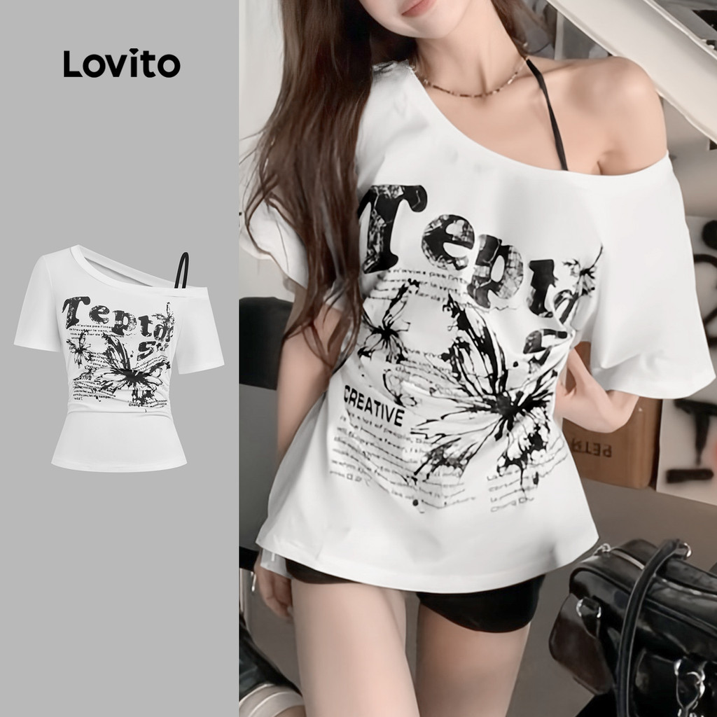 Lovito Casual Carta Falsa 2 Em 1 Padrão Ombro Frio Plissado Primavera/Verão Cami
