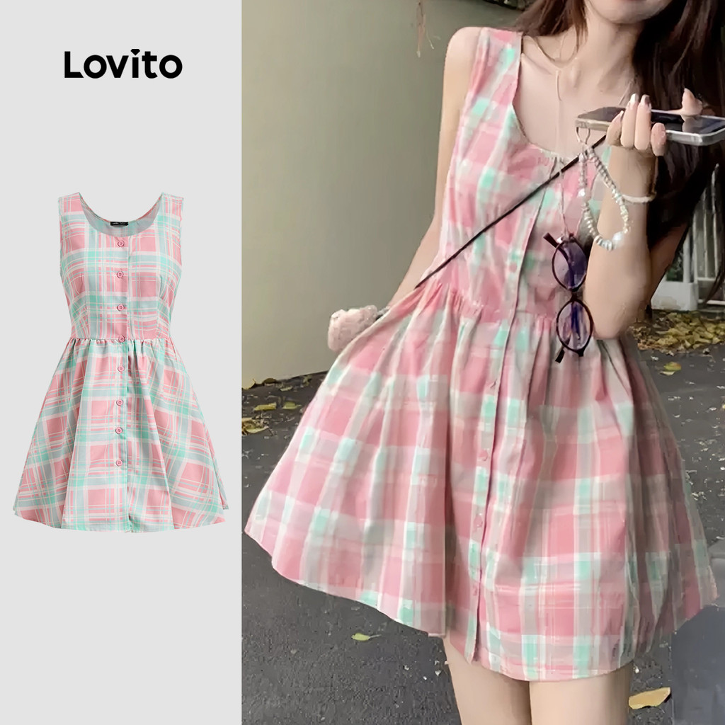 Lovito Férias Vestido Xadrez Drapeado Com Botões Vestido De Verão/primavera Para