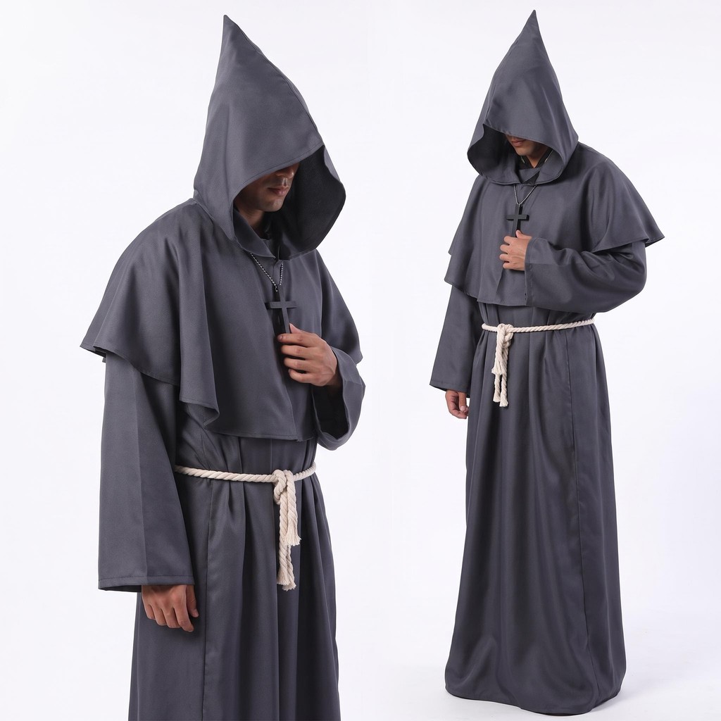 Conjunto Fantasia Monge Medieval Túnica + Capuz + Cinto Adulto XL para Festa Halloween e Desfile de Fantasias