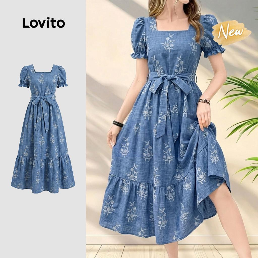 (New Arrival) Lovito Vestido Casual Azul para Mulheres com Babado e Cinto Fecham