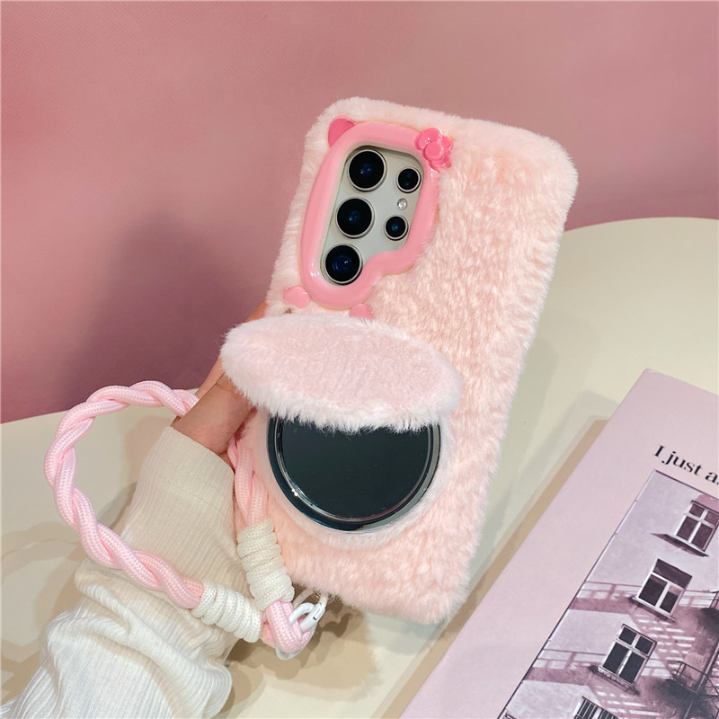 Espelho De Pelúcia Caso Telefone Pulseira Para Samsung A17 A37 A57 A16 A36 A56 A15 A35 A55 A14 A54 S26 S25 S24 S23 Quent