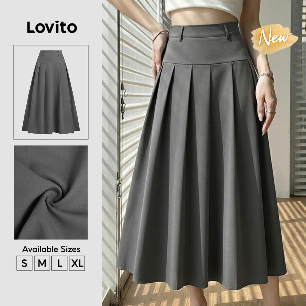 (New Arrival) Lovito Saias Casuais Plissadas com Zíper Primavera/verão Cinza Esc