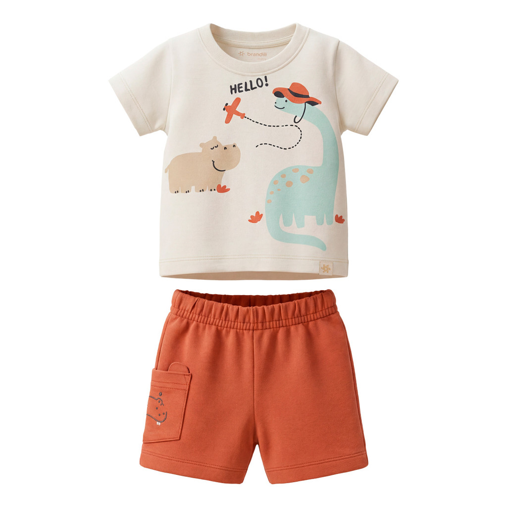 Conjunto Infantil Menino Camiseta Malha Flame e Bermuda Moletinho Estampa Dinossauro Hello - Brandili