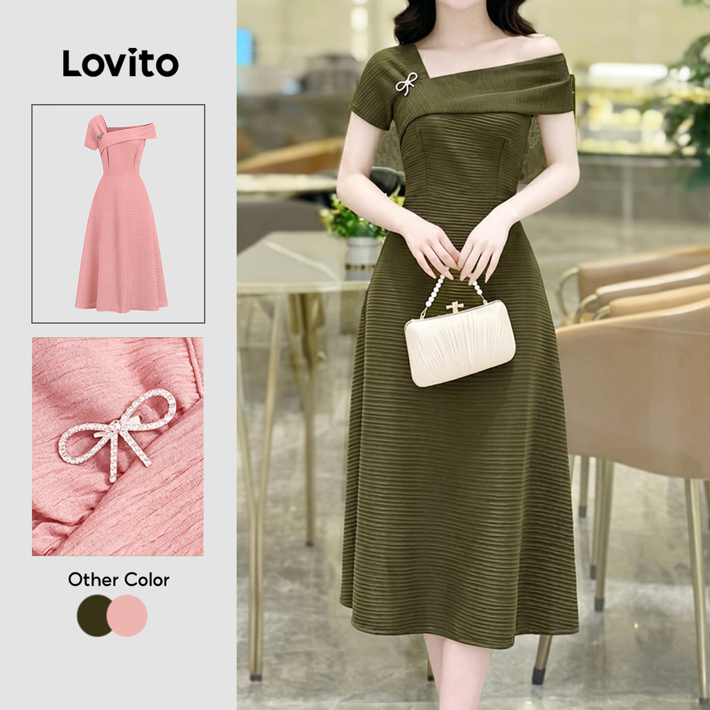Lovito Vestido Verdeoliva Assimétrico com Strass e Fivela Elegante para Mulheres