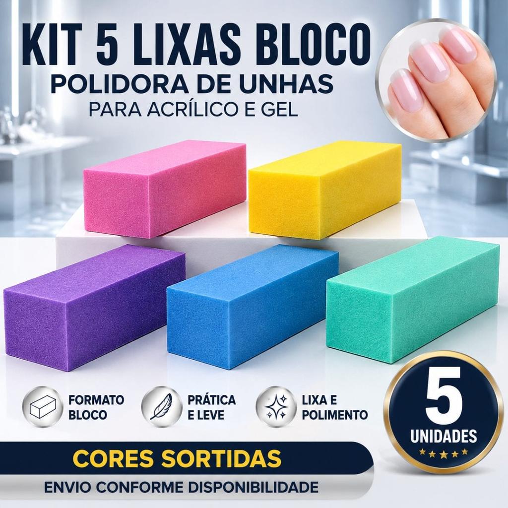Kit 5 Lixas Bloco Polidoras de Unhas - Formato Bloco, Para Unhas Naturais, Acrílicas e em Gel, Cores Sortidas