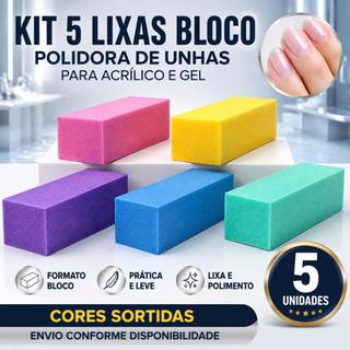 Kit 5 Lixas Bloco Polidoras de Unhas - Formato Bloco, Para Unhas Naturais, Acrílicas e em Gel, Cores Sortidas