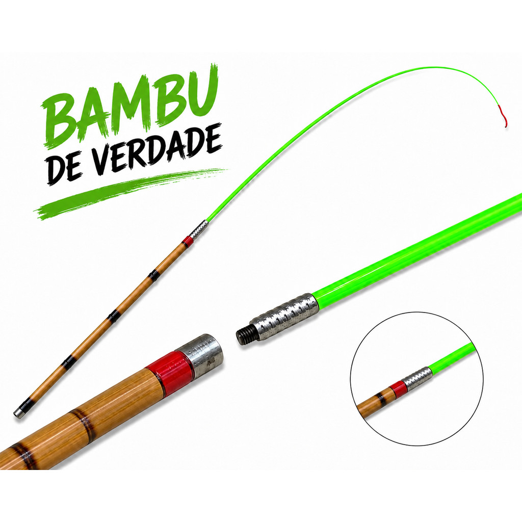 Vara de Pesca de Bambu Natural com Fibra Verde  Reforçada Com Emenda de Rosca Varias Medidas