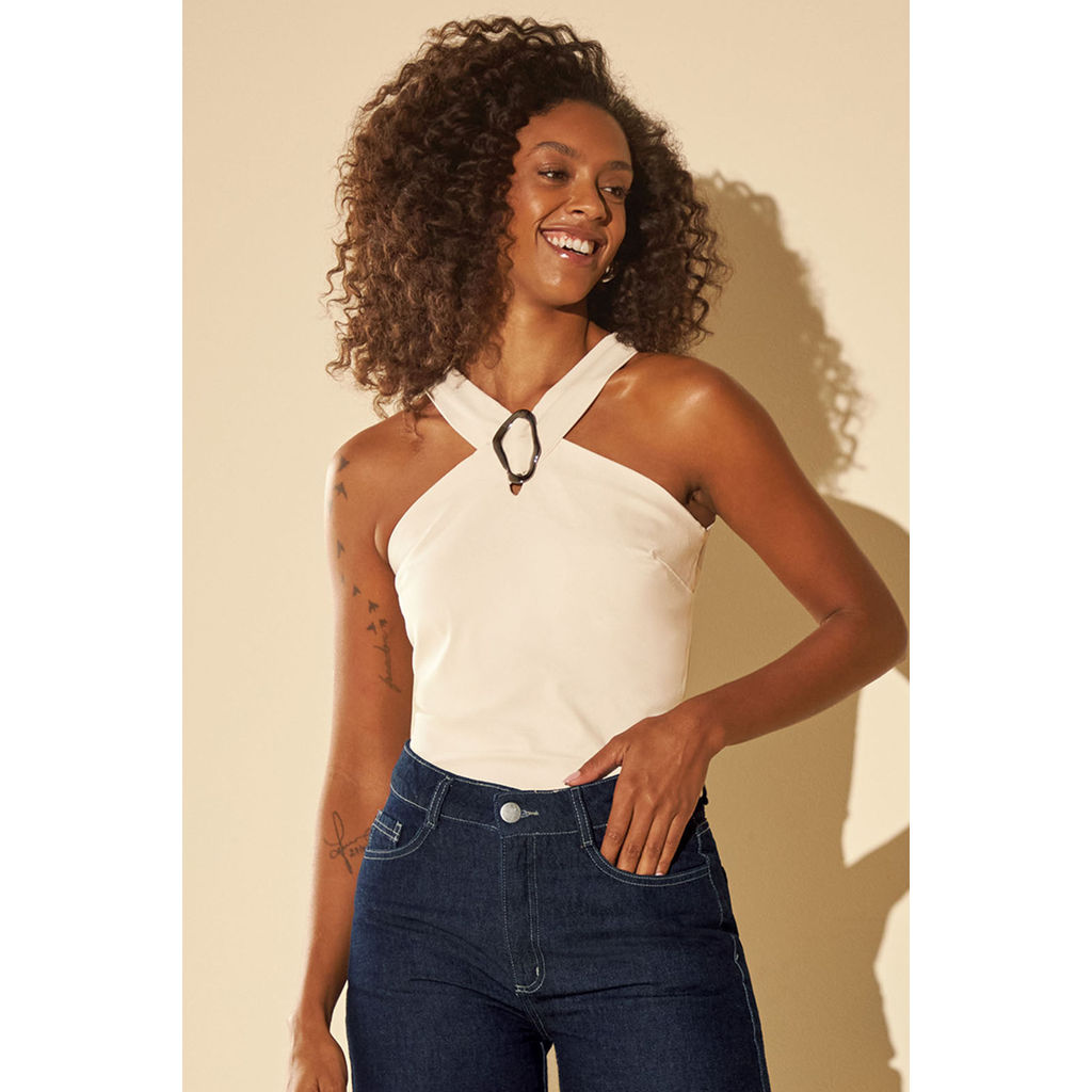 Blusa Feminina Decote Cruzado Fivela Marialícia Bege