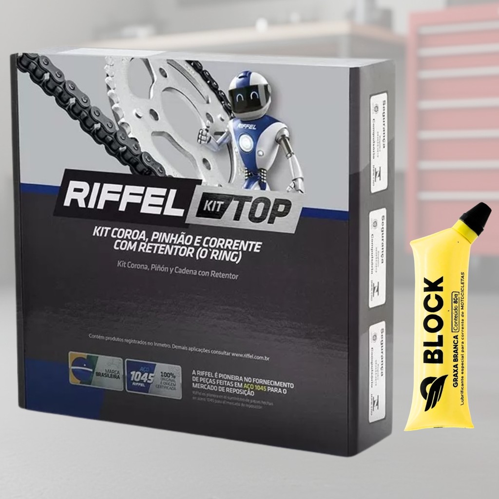 KIT RELACAO TRANSMISSAO RIFFEL FAZER 250 2018 2019 2020 2021 2022 2023 2024 2025 COM RETENTOR TOP 1045 + GRAXA BLOCK 80G