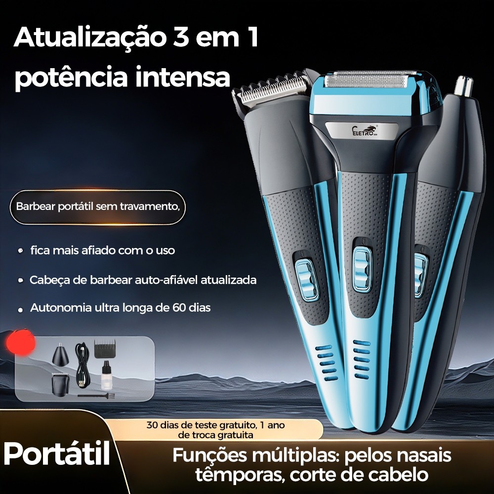 Maquina De Barbear Aparador E Depiladorde Pelos Elétrico 3 Em1 Cabelo Nariz Barba Corpo-Eletromex