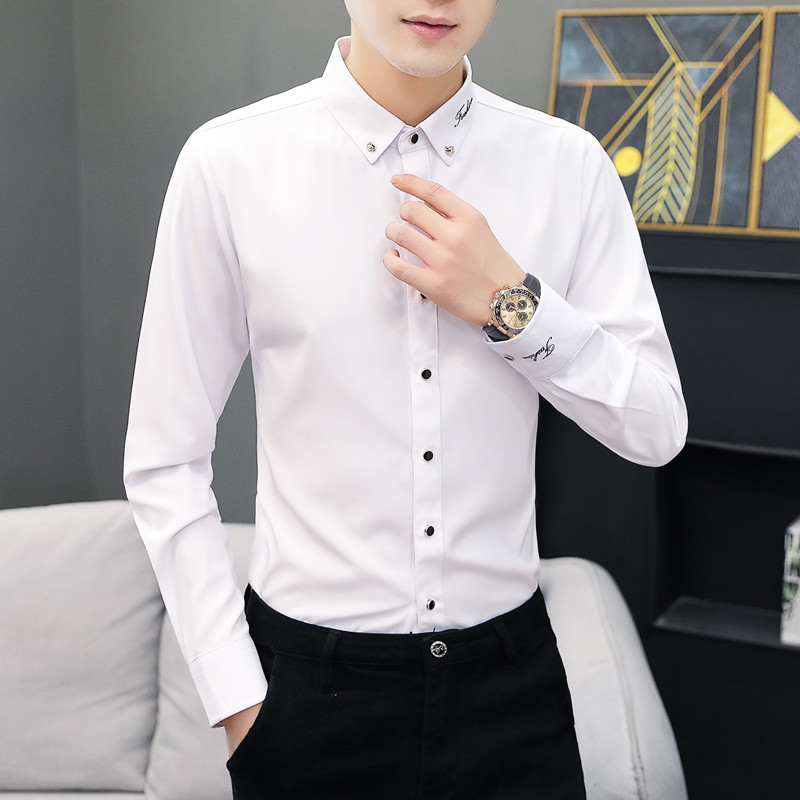 Camisa de primavera masculina de manga comprida versão coreana magro-ajuste estiramento camisa branca masculina estilo b
