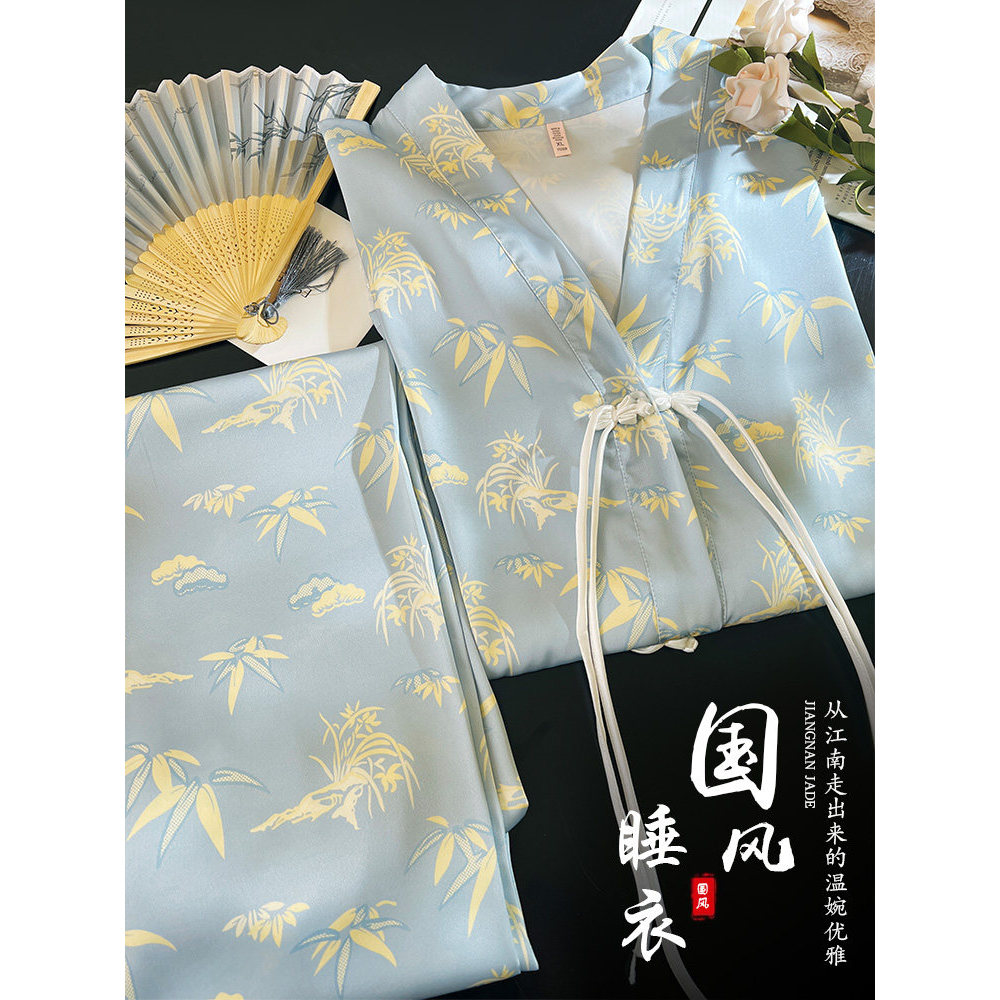 Novo estilo chinês estilo chinês flor pijamas feminino primavera verão gelo seda Retro fivela renda High-End exterior We