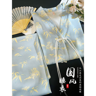 Novo estilo chinês estilo chinês flor pijamas feminino primavera verão gelo seda Retro fivela renda High-End exterior We