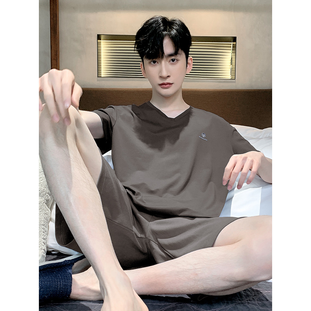 Pijamas masculinos verão verão verão manga curta estilo fino Modal estilo verão cor sólida tamanho grande pode usar fora